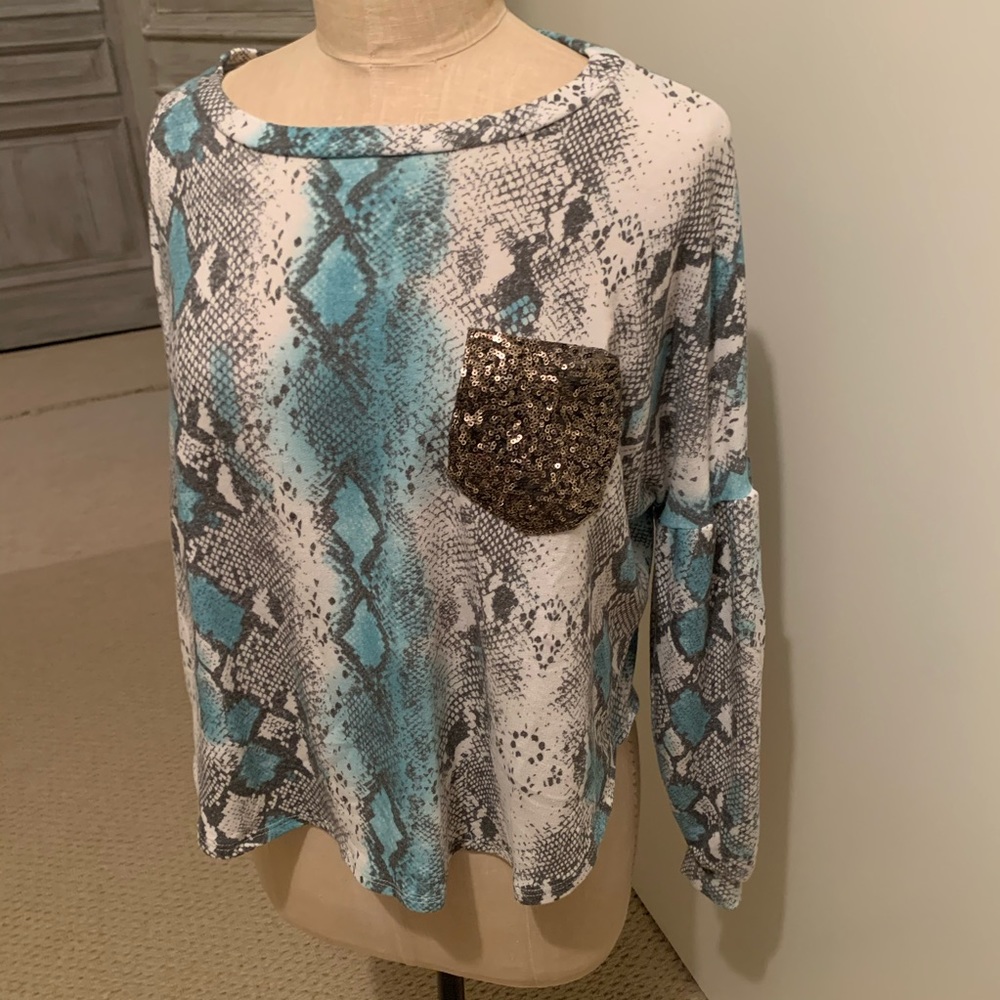Lovely J sequin pocket snakeskin long sleeve tee